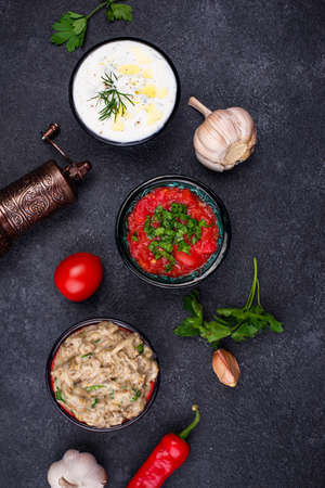 Baba ganoush, tzatziki and tomato ezmeの写真素材