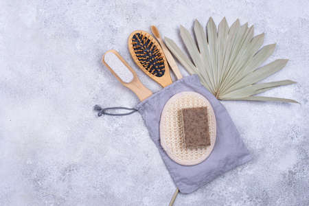 Zero waste accessories. Pumice, comb, toothbrush and washclothの写真素材