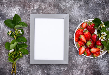 Strawberry with leaves and flowers