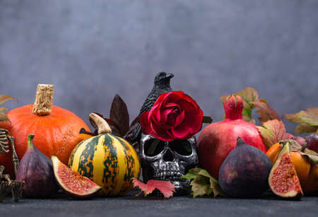Halloween composition with autumn fruitsの写真素材