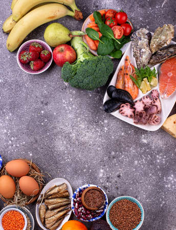 Pescetarian diet with seafood, fruit and vegetablesの写真素材