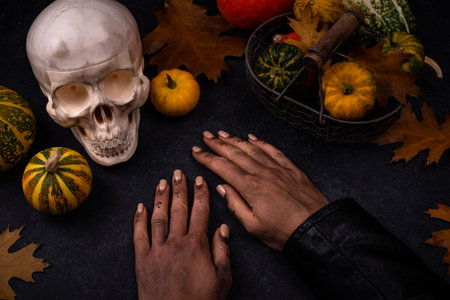 Halloween autumn background with skull