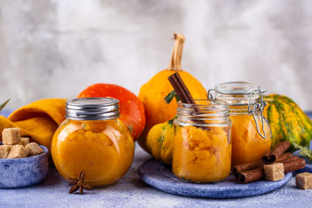 Sweet homemade pumpkin jam in jarの写真素材