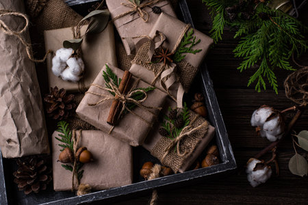 Christmas gift boxes in craft paper