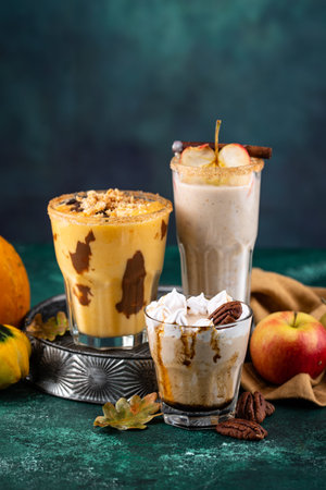Set of autumn smoothie with pumpkin, apple and pecan