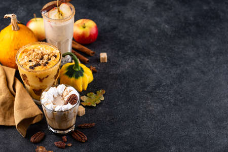 Set of autumn smoothie with pumpkin, apple and pecanの写真素材