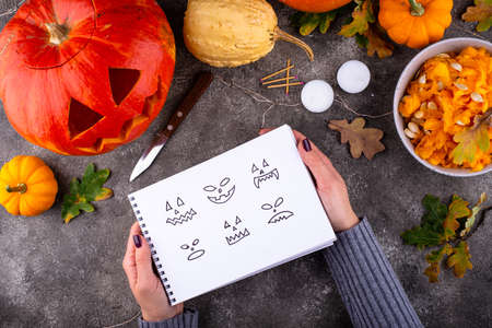 Process of making Halloween jack-o-lanternの写真素材