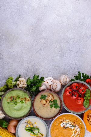 Assortment of vegetable autumn cream soups.