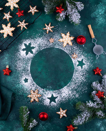 Christmas gingerbread cookies in shape of snowflakeの写真素材