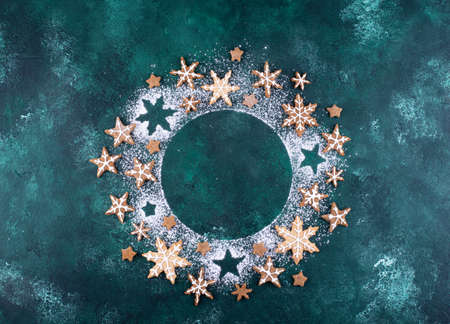 Christmas gingerbread cookies in shape of snowflakeの写真素材