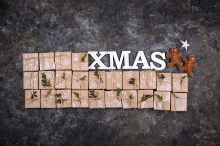 Advent calendar made from Christmas gift boxesの写真素材