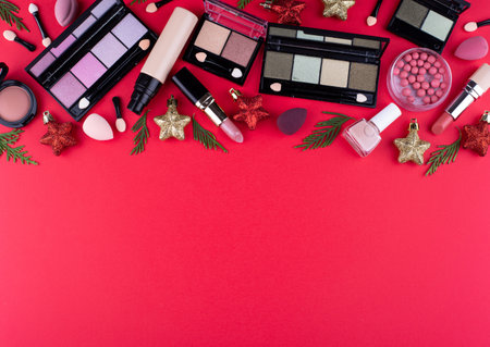 Christmas decorative make up cosmetics. Creative concept for celebration winter holidaysの写真素材