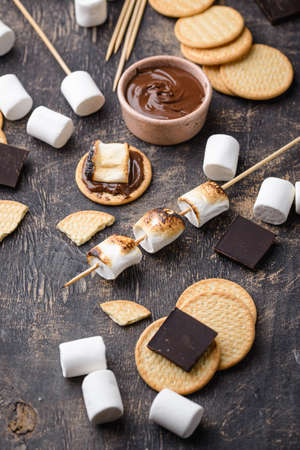 Smores with marshmallow, chocolate and crackersの写真素材