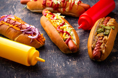 Hot dog with sausages. Traditional American fast foodの写真素材