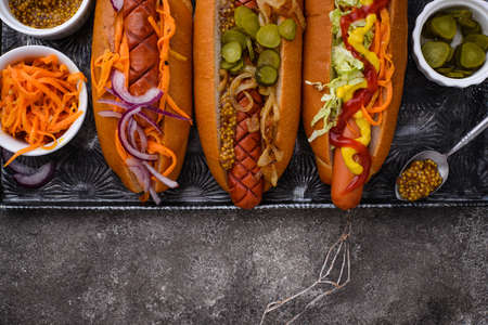 Hot dog with sausages. Traditional American fast foodの写真素材