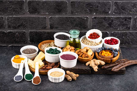 Various superfoods and healthy food supplement.の写真素材