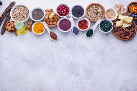 Various superfoods and healthy food supplement.の写真素材