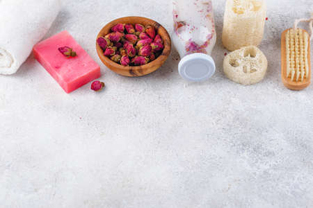 Rose petals water. Fermented beauty cosmeticの写真素材