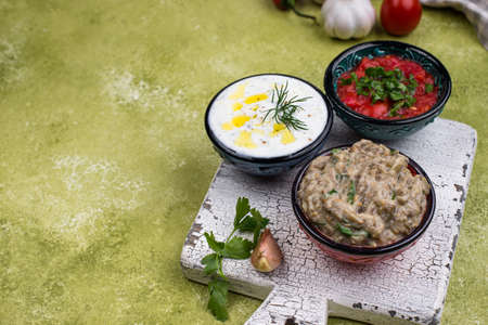 Baba ganoush, tzatziki and tomato ezmeの写真素材