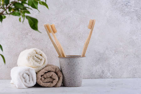 Bamboo toothbrush, zero waste care productsの写真素材
