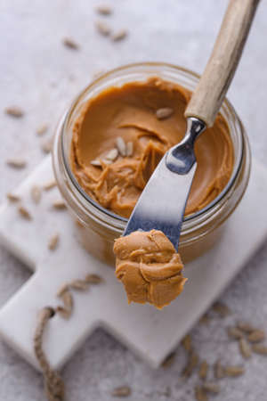 Sunflower butter or sunbutter. Hypoallergenic spreadの写真素材