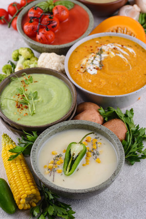 Assortment of vegetable autumn cream soups.