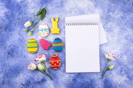 Easter cookies in shape of eggs and bunnyの写真素材