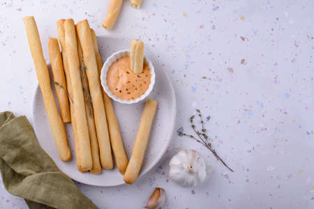 Italian grissini, traditional appetizer breadstickの写真素材