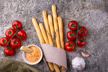 Italian grissini, traditional appetizer breadstickの写真素材
