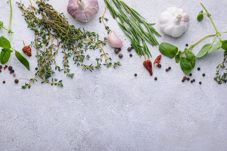 Rosemary, thyme and basil. Fresh garden herbsの写真素材