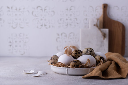 Bowl with chicken and quail raw eggs o
