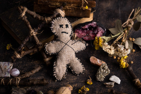 Voodoo doll. Black magic esoteric ritual. Halloween concept.