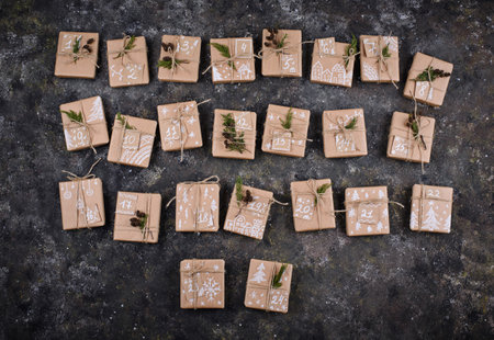 Advent calendar made from Christmas gift boxesの写真素材