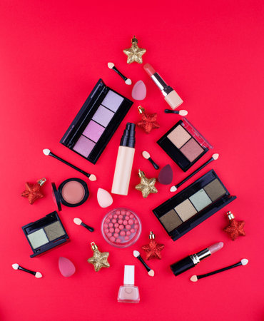 Christmas tree made from decorative make up cosmeticsの写真素材