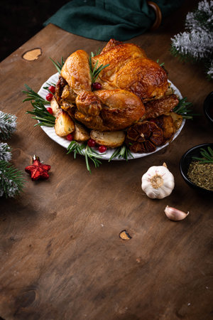 Christmas baked chicken for festive dinner.の写真素材