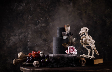 Halloween still life with skull, bones and cakeの写真素材