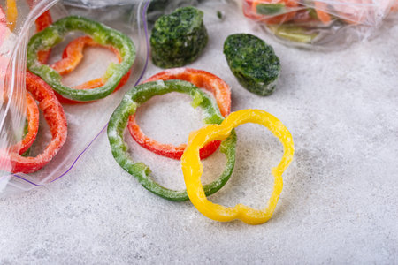 Different frozen vegetables. Food storage.