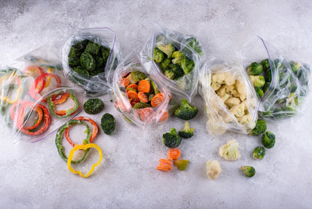 Different frozen vegetables. Food storage.の写真素材