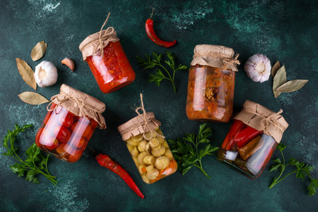 Pickled vegetables in glass jars.の写真素材