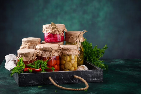 Pickled vegetables in glass jars.