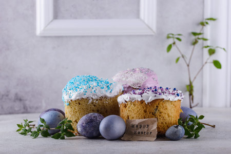 Traditional Ukrainian Easter cake kulich and eggs