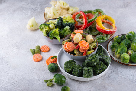Different frozen vegetables. Food storage.の写真素材