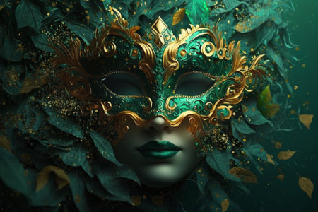 Beautiful Venetian mask on green background. 3d rendering. AI generated.の素材