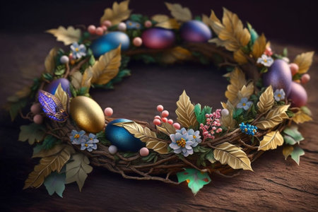 Easter wreath with colorful eggs and flowers on wooden background. AI generated.の素材