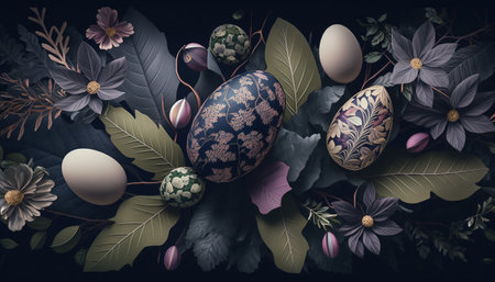 Easter eggs and flowers on dark background. 3D illustration. AI generated.の素材