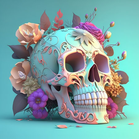 Skull with flowers and leaves. 3D illustration. Halloween concept. AI generated.の素材