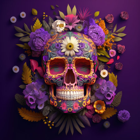 Day of the Dead Sugar Skull with flowers and leaves. 3d illustration. AI generated.の素材