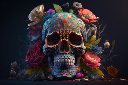 Skull with flowers and leaves on dark background. Halloween. 3d illustration. AI generated.の素材