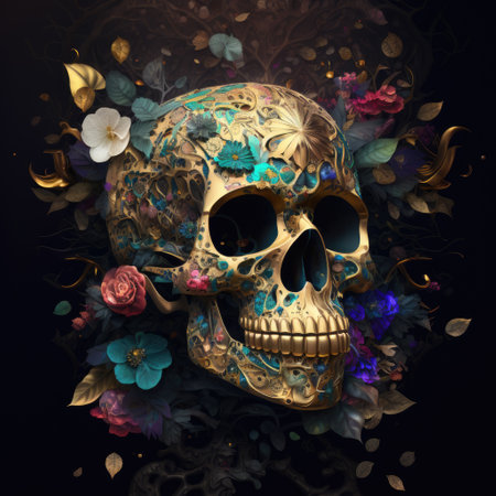 Colorful skull with floral ornament on dark background. 3d illustration AI Generated.の素材