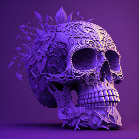Skull with floral ornament on purple background. 3D illustration. AI generated.の素材